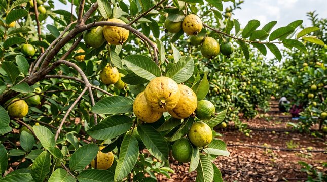 Ripe yellow guava fruits hanging on branch in sunny orchard