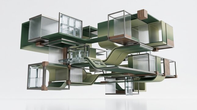 Abstract modular architecture with suspended geometric volumes