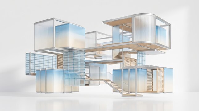 Abstract modular architecture with transparent geometric volumes
