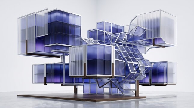 Abstract modular architecture with suspended blue geometric cubes