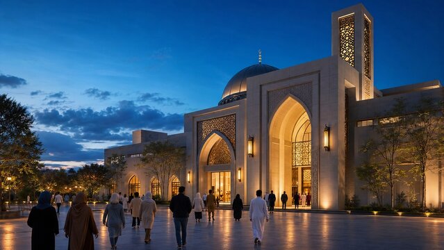 Muslim worshippers walking toward an illuminated modern mosque at blue hour during Ramadan for evening prayer.