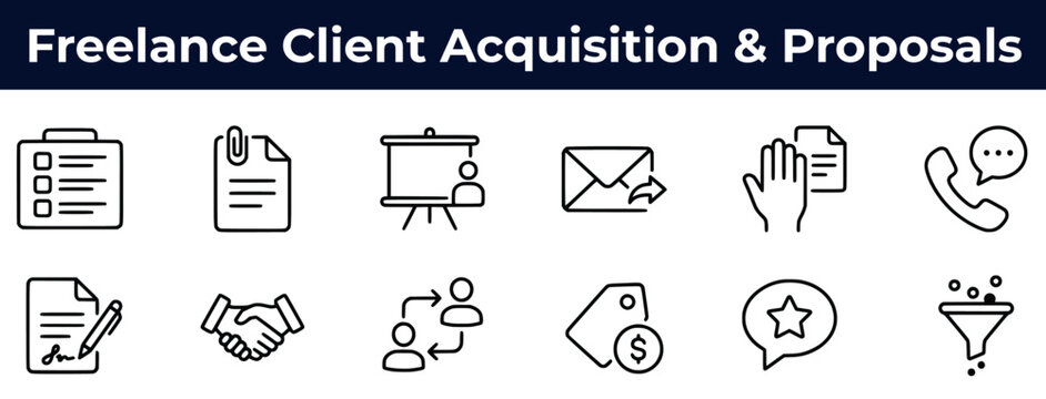 Freelance client acquisition and proposal line icon set, editable stroke. Includes job board, pitch, outreach, contract signing, referral, testimonial and more. Vector illustration.