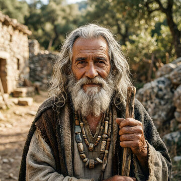 Elderly man with long gray beard and turban outdoors.