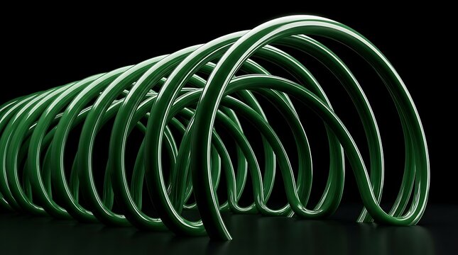 Green spiral coils on black background. Abstract metallic spring shape with glossy texture.