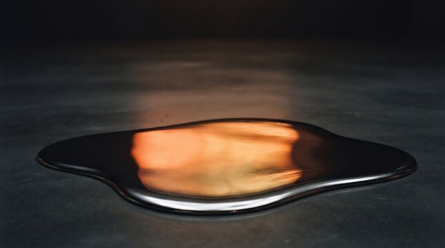 Abstract liquid metal puddle with warm reflection on dark