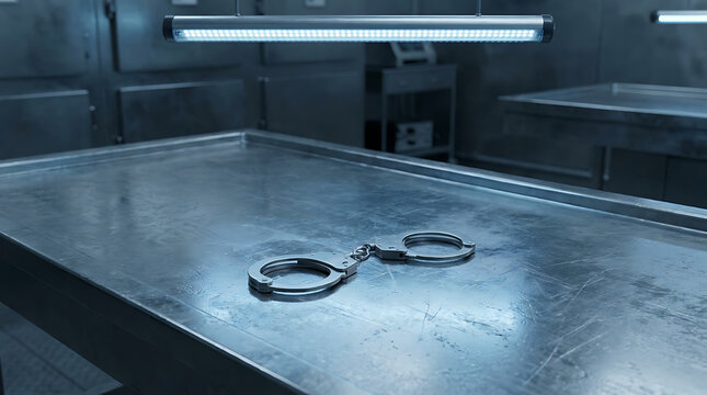 Crime scene investigation equipment handcuffs on a medical examination table in a sterile morgue