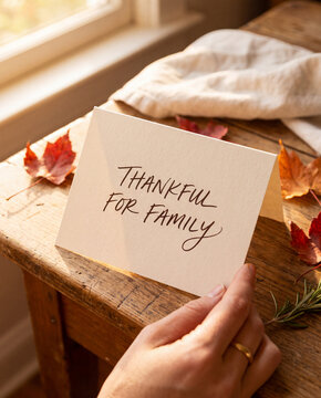 Hand placing a Thankful for Family card on a wooden table with autumn leaves