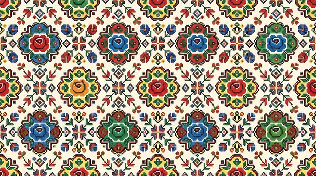 Traditional floral cross stitch embroidery seamless pattern