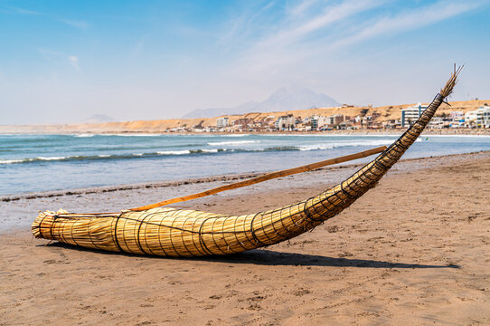 Traditional Totora Reed Fishing Boat on Huanchaco Beach Peru