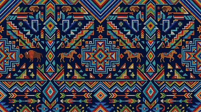 Traditional ethnic beadwork pattern with bison and horse motifs