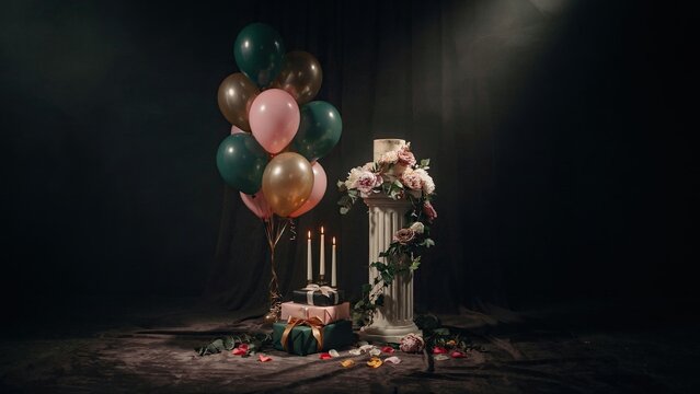 Column adorned with flowers stands beside a cluster of floating balloons and lit candles on a dark rustic wooden floor.