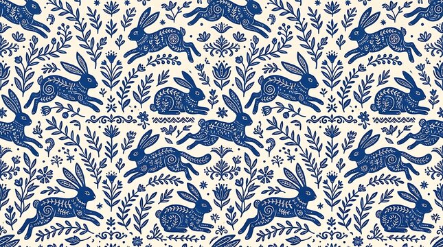 Blue folk art rabbit and floral seamless pattern on cream background