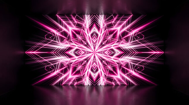 Symmetrical pink neon geometric light pattern on black.