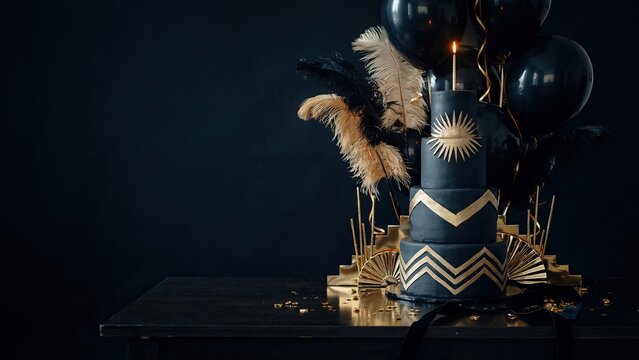 Cake covered in dark geometric patterns with a single candle stands among black balloons and golden feathers.