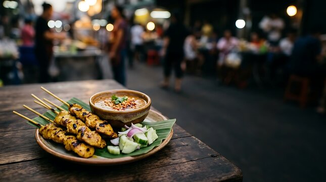 Grilled satay skewers with peanut sauce at a night market