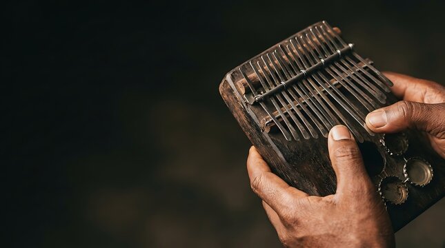 Hands playing a traditional kalimba thumb piano in close up