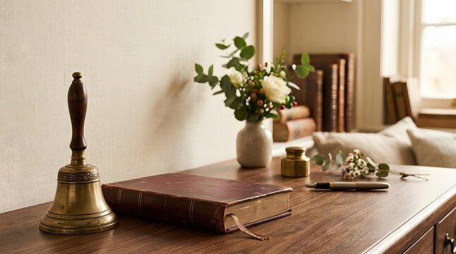 Vintage brass hand bell and an old leather bound book sitting on a rustic wooden desk surface