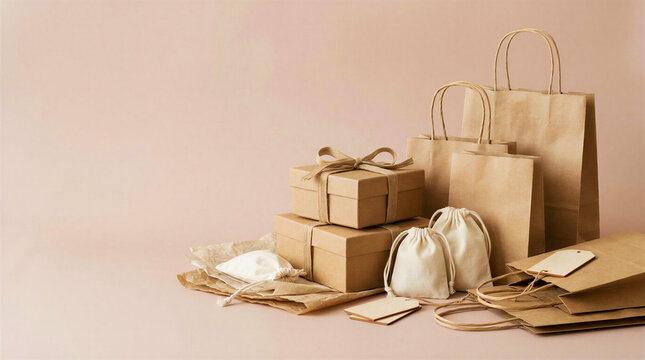 Eco friendly packaging collection with kraft paper bags gift boxes and reusable cotton pouches, copy space