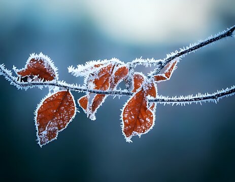 Frost Covered Red Leaves on Branch.