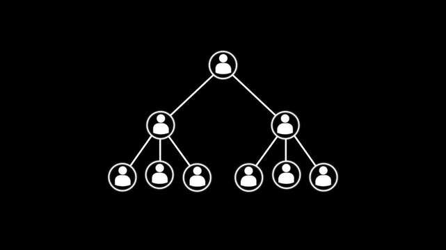 Dynamic Work Organizational Chart enthusiastically discussing sales charts on presentation board, Can be used to represent organizational corruption bankruptcy, multilevel scam or hierarchy collapse