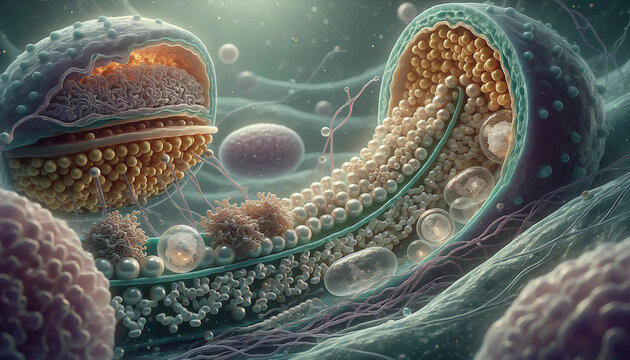Cross-section of pancreatic beta cell depicting insulin secretory pathway disruption caused by metabolic cellular stress mechanism, vital for pancreatic beta cell preservation