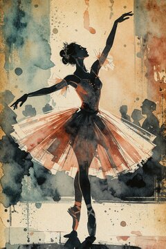 Ballerina dancer in black tutu performs on stage with audience silhouette in abstract watercolor art. Female artist moves gracefully in studio, expressive painting.