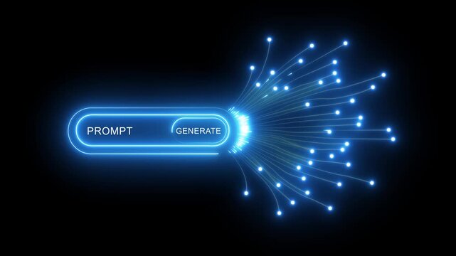 The prompt and generate buttons symbolize the process of artificial intelligence creating and producing new content and ideas, Motion graphics of AI concep