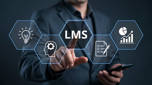 Businessman holding phone with LMS learning management system icons concept stock photo