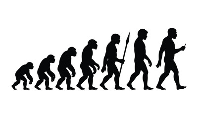 Obraz premium Silhouette of Human Evolution from Ape to Modern Man with Smartphone