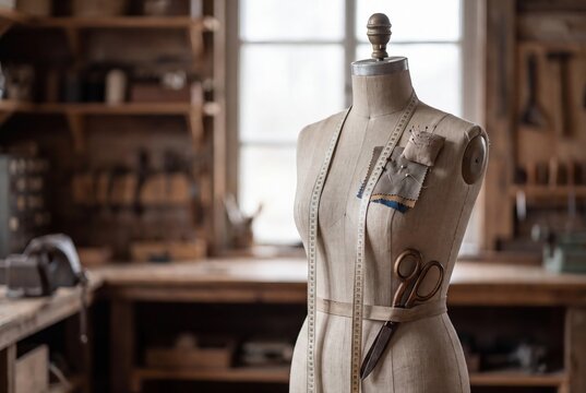 Tailor mannequin with measuring tape and scissors in vintage workshop
