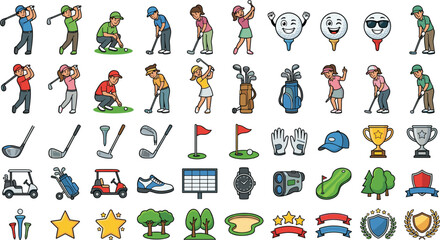 Obraz premium Golf character cartoon icon set flat vector illustration featuring players equipment cart clubs trophies isolated white background.