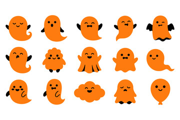 Fototapeta premium Set of cute orange cartoon ghosts with various funny facial expressions for halloween holiday design elements