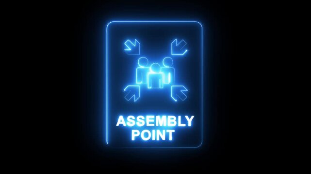 glowing neon assembly point sign icon indicating a safe gathering area during evacuation to ensure safety and prevent chaos in emergencies. Assembly point sign emergency symbol. 4k video