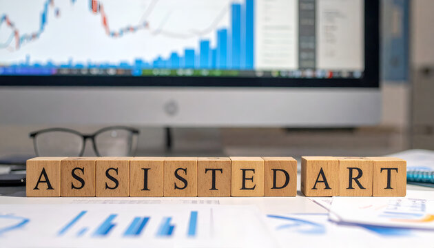 Wooden Blocks Spell Out Assisted Art on Desk with Financial Charts.