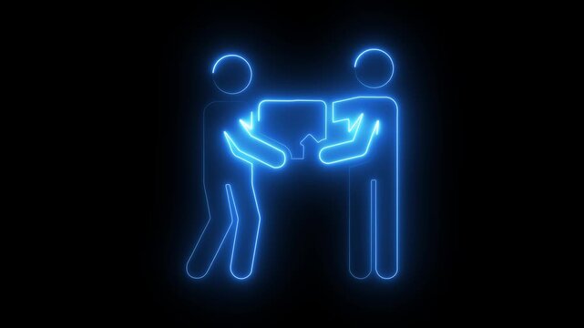 glowing neon delivery person icon isolated on black background, showing package handover to customer, successful shipping, receiving orders, courier service, and e-commerce transactions. 4k