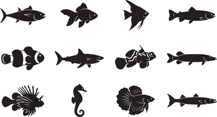 Obraz premium Set of black fish silhouettes including shark clownfish and seahorse icons