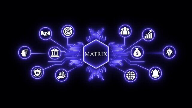 Digital matrix network infographic with glowing business and circuitry connections technology