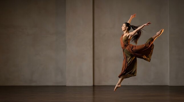 Graceful contemporary dancer leaping in mid air in a modern studio