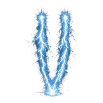 Letter V made of blue lightning. Electric bolt alphabet character isolated on transparent background.