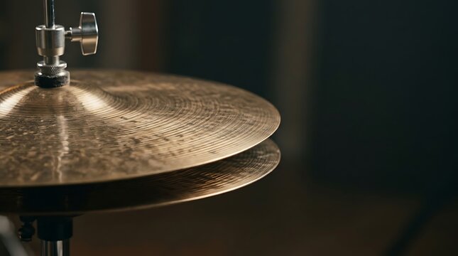 Close up of professional hihat cymbals on a drum kit stand