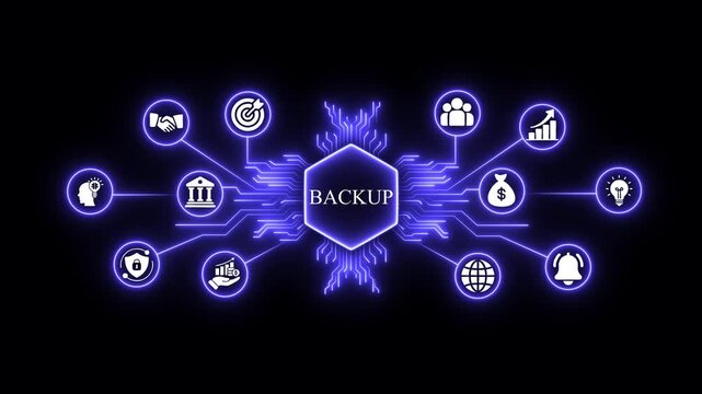 Digital data backup concept with glowing neon circuitry and business infographic animation cloud storage