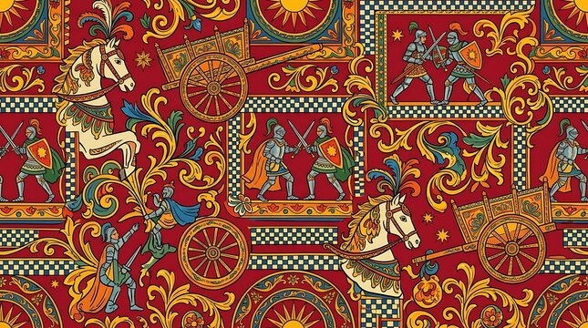 Traditional sicilian folk art pattern with knights and horses