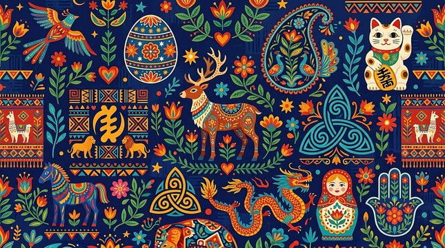 Global folk art symbols and cultural patterns on dark background
