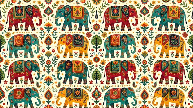 Seamless pattern with decorated elephants and folk floral motifs