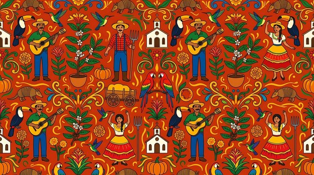 Vibrant latin american cultural folk art pattern with musicians