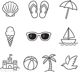 Fototapeta premium Summer and Beach Line Icon Set – Hand-Drawn Sketch Style