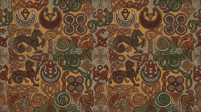 Ancient celtic knotwork pattern with mythological beasts and symbols