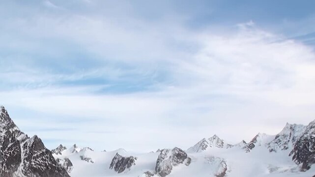 Witness the sublime beauty of an Arctic glacier. Towering snow-clad mountains pierce the crisp blue sky, their colossal forms embracing a magnificent, timeless ice field.