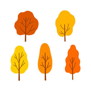 Autumn trees design elements set isolated on white background. Autumn nature vector illustration.	