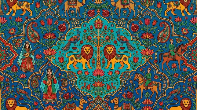Vibrant persian style pattern with animals and floral motifs